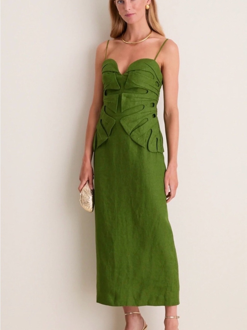 FARM Rio Olive Green Monstera Linen Leaf  Midi Dress